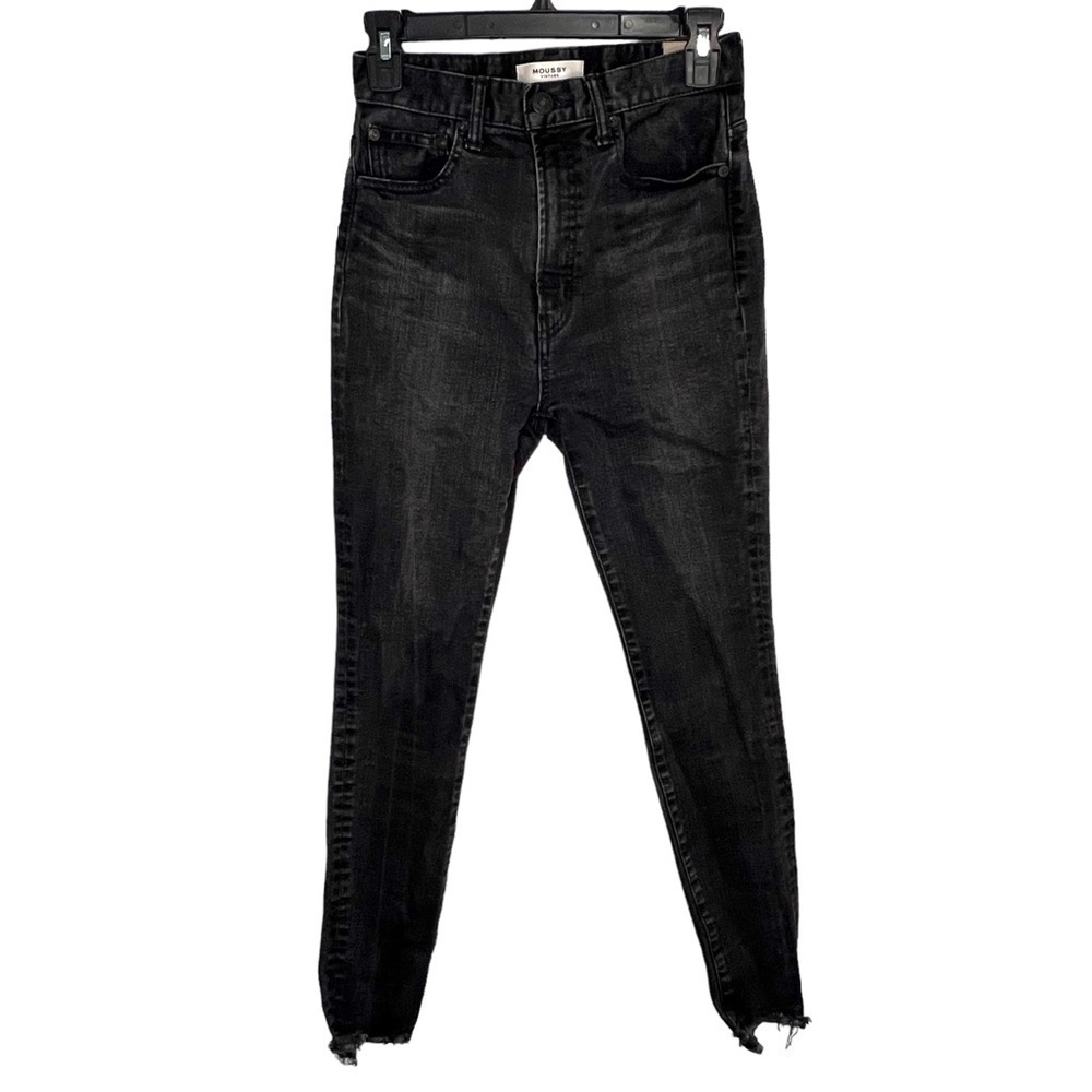 Moussy‎ High Rise Fringe Skinny Jeans Black Denim Size 25/26 Raw Hem Distressed